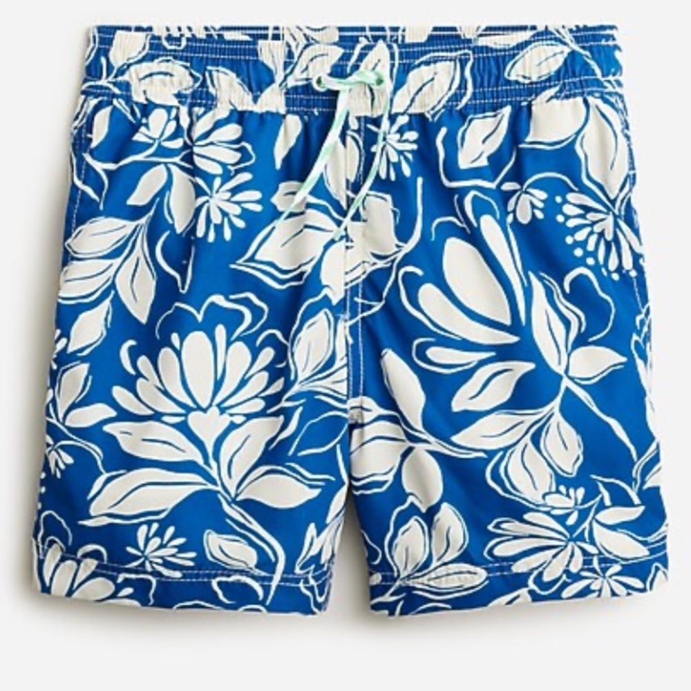 New with tags J.Crew boys blue and white Hawaiian print swim trunks UPF 50